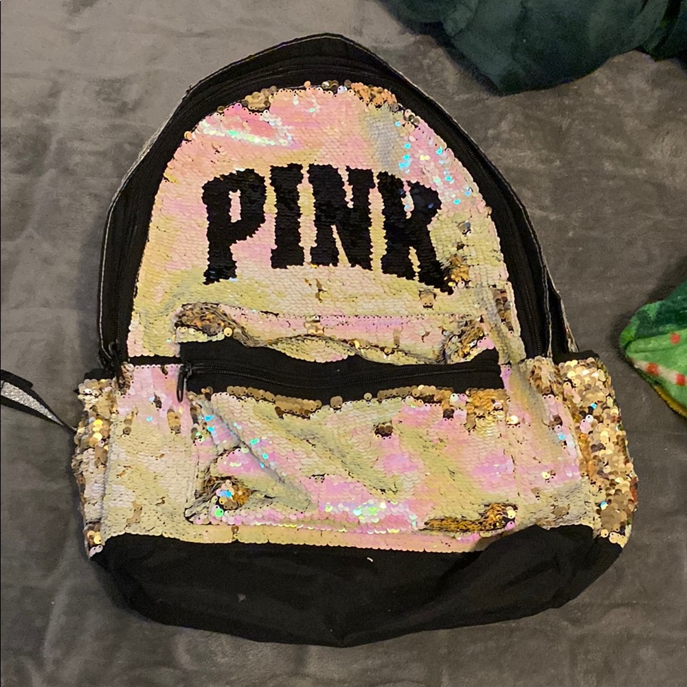 Vintage PINK Victoria's Secret Black and Gold Sequin Backpack